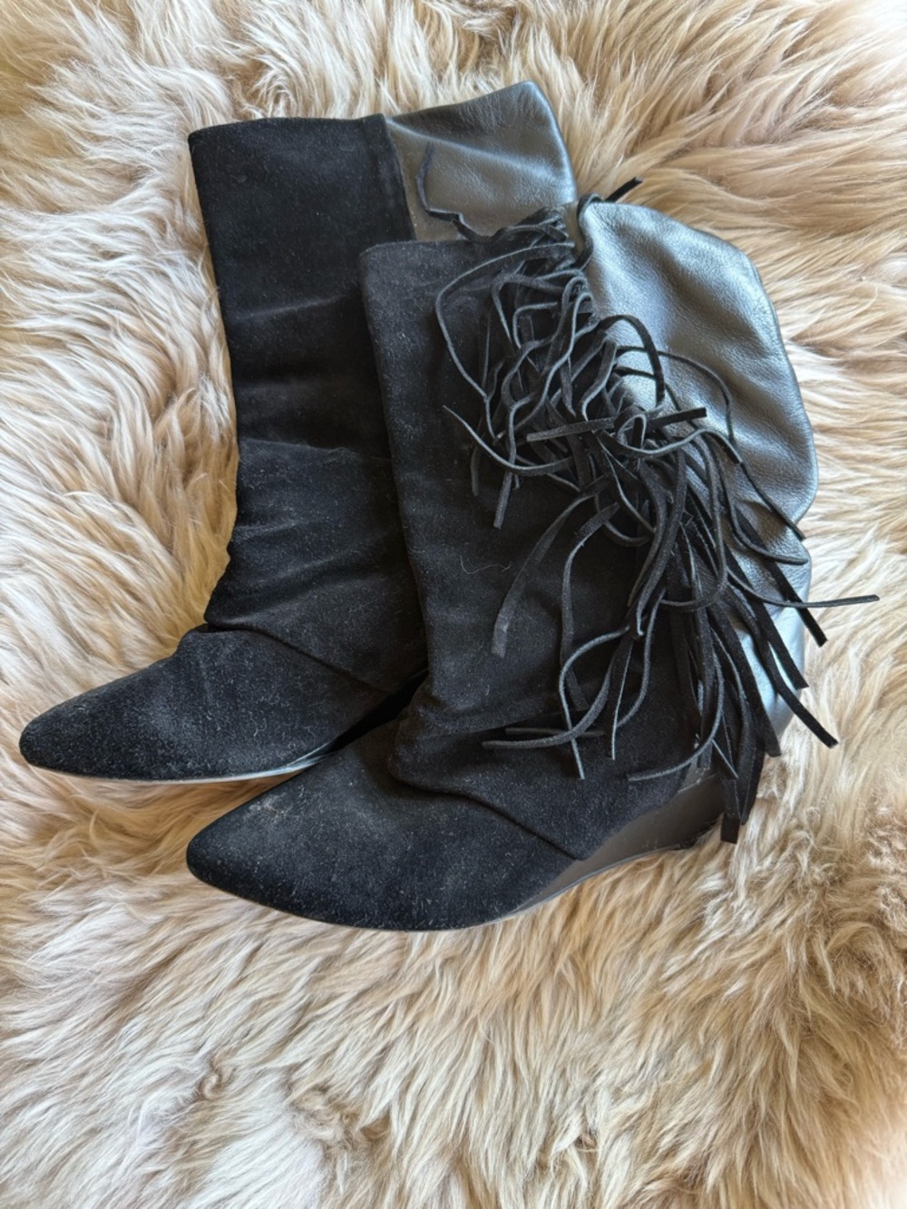 Fringed Black Suede Mid-Calf Heeled Boots